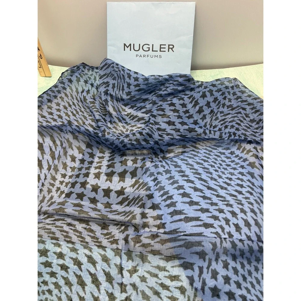 Mugler Parfums Blue Black Star Print Sheer Square Scarf with Original Sleeve